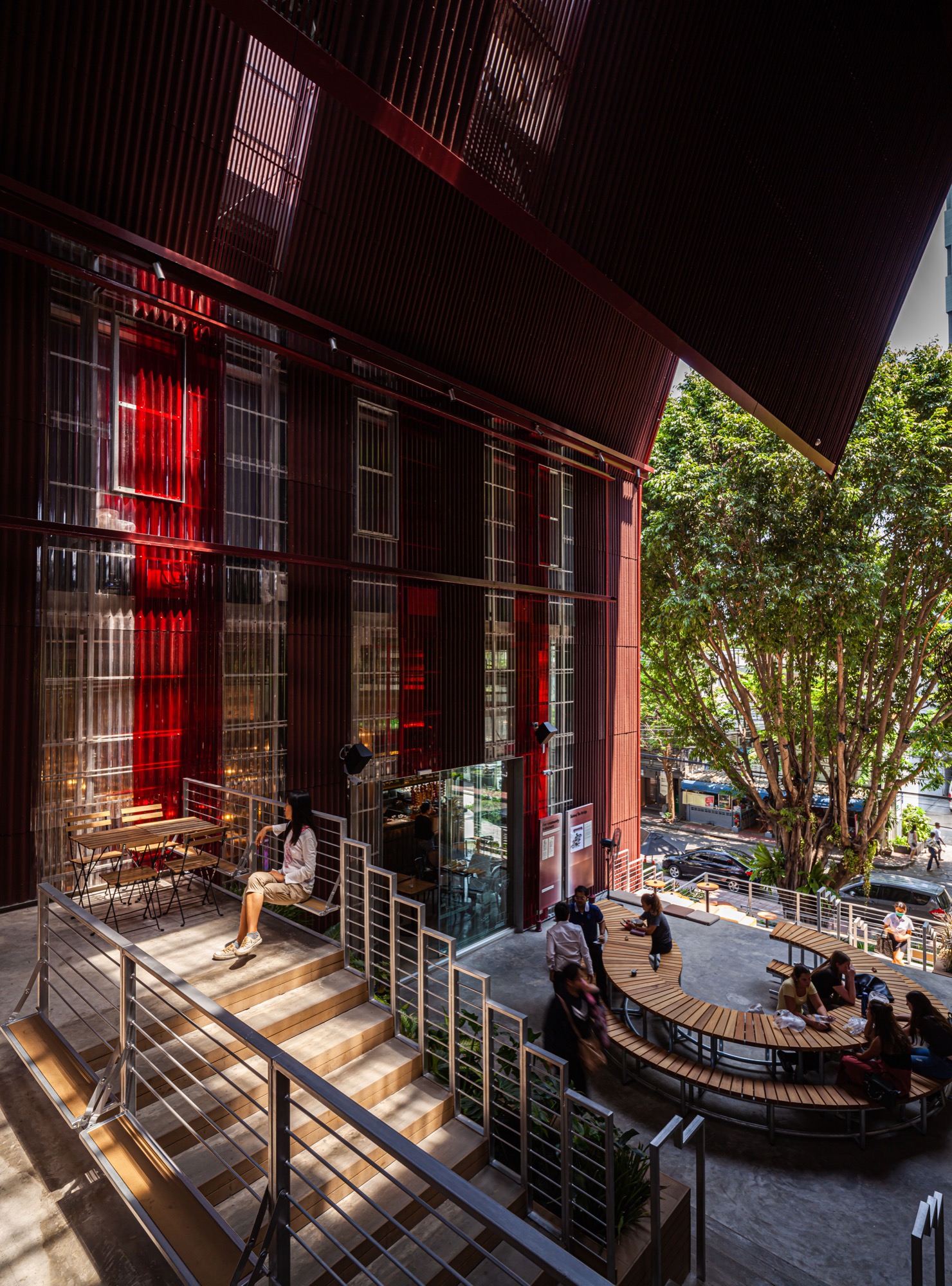 Layered timber and brick commons at The Commons Saladaeng, Bangkok